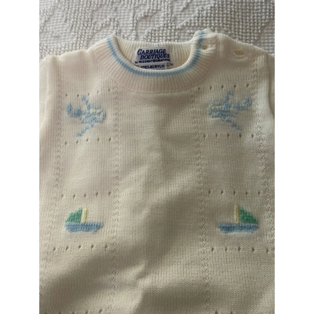 Carriage Boutiques Vintage Knit Romper White Blue Airplane Sailboat Truck 3-6M